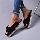 Women's Bow Slippers Flat Heel Peep Toe Sandals Summer Solid Color Beach Shoes