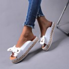 Women's Bow Slippers Flat Heel Peep Toe Sandals Summer Solid Color Beach Shoes