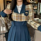 Women's Fashion Casual Plaid Suit High Waist Pleated Strap Dress Three Piece Set