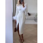 Women's Round Neck Feather Long-sleeved Dress