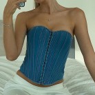 Wavy Neck Fish Bone Slim Strap Solid Color Denim Strapless Vest