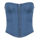 Wavy Neck Fish Bone Slim Strap Solid Color Denim Strapless Vest