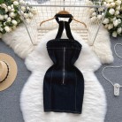 Denim Neck Hanging Bra Short Slim Dress For Women