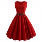 Retro Sleeveless Summer V-neck Solid Color Dress