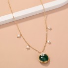 Winding Emerald Oblate Natural Stone Inlaid Flower Pendant Single Layer Chain