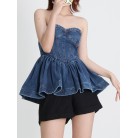 New Design Temperament Denim Bra Wash Ruffle Top Female