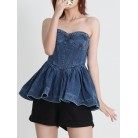 New Design Temperament Denim Bra Wash Ruffle Top Female