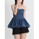 New Design Temperament Denim Bra Wash Ruffle Top Female