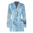 Denim Graffiti Printed Satin Material Waist Suit Coat Woman